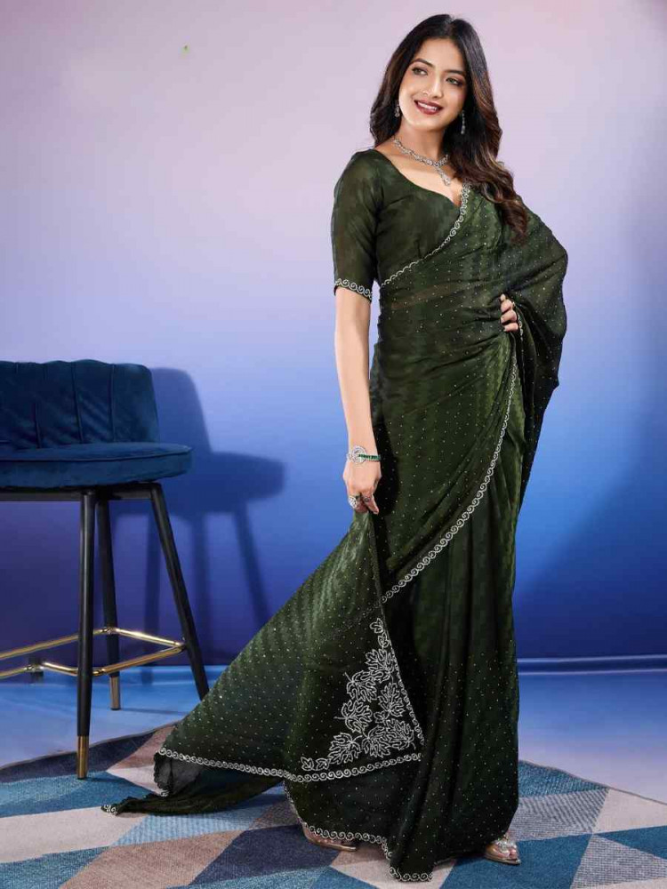 Mehendi Green Satin Chiffon Handwoven Festival Wedding Heavy Border Saree