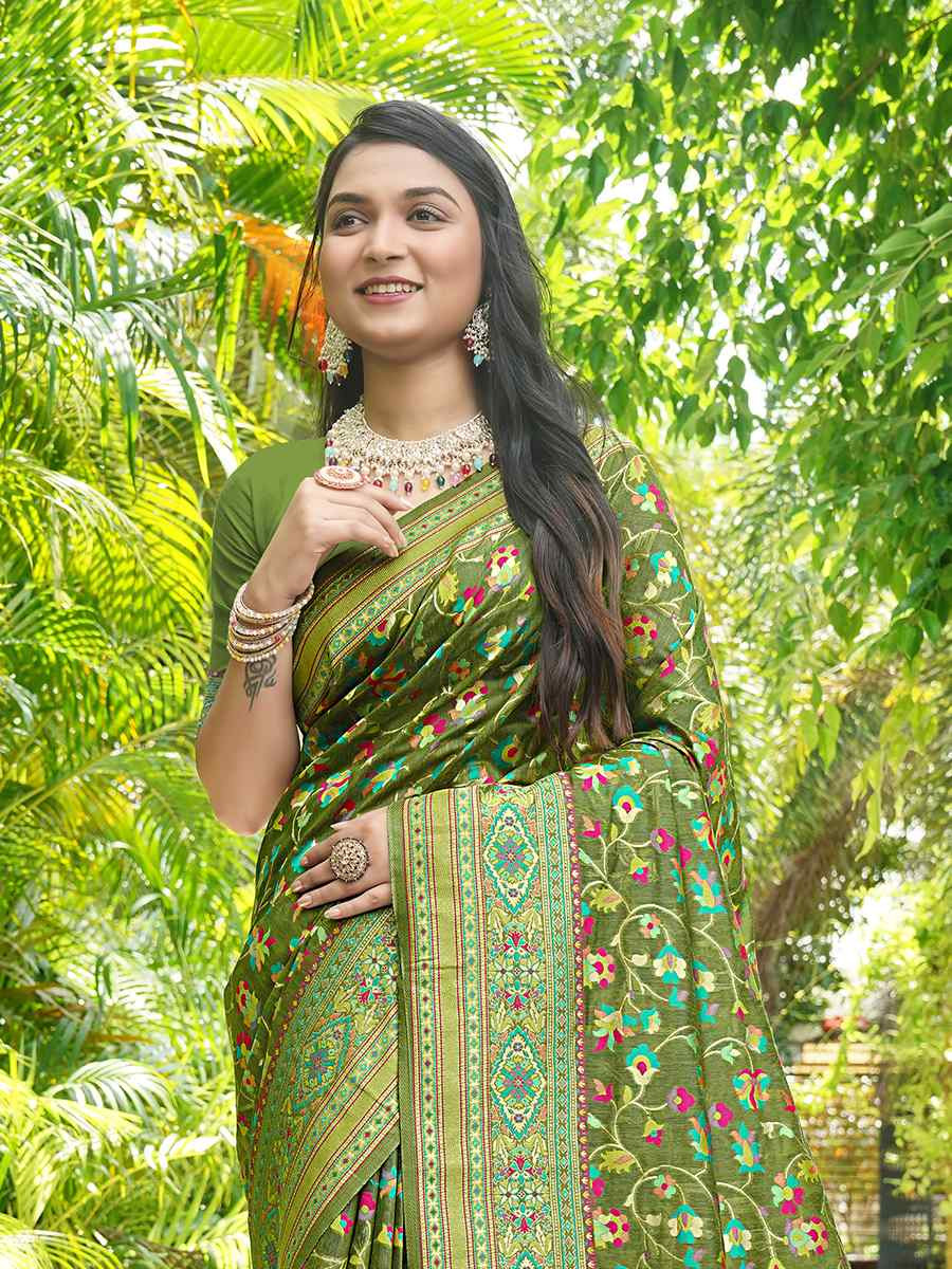 Mehendi Green Soft Pashmina Handwoven Festival Wedding Heavy Border Saree