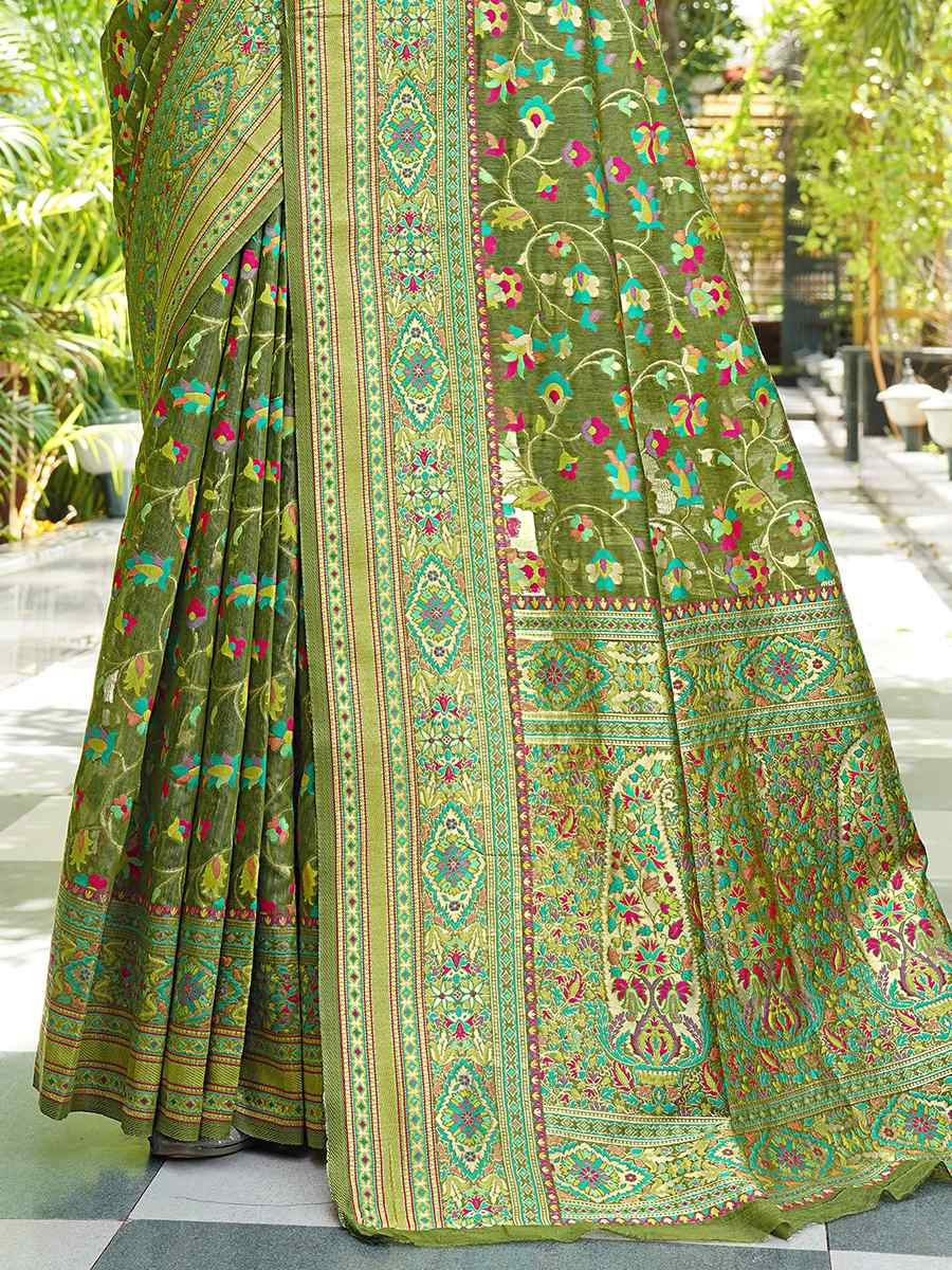 Mehendi Green Soft Pashmina Handwoven Festival Wedding Heavy Border Saree