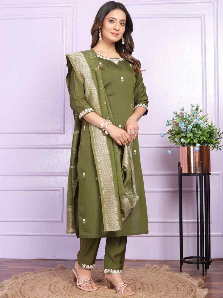 Mehendi Green Viscose Silk Embroidered Festival Mehendi Ready Pant Salwar Kameez