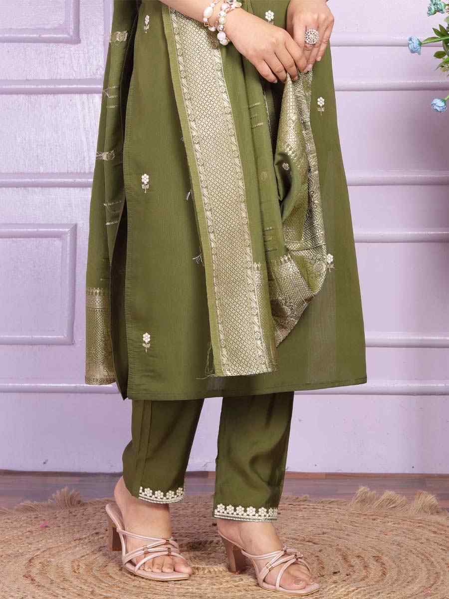 Mehendi Green Viscose Silk Embroidered Festival Mehendi Ready Pant Salwar Kameez