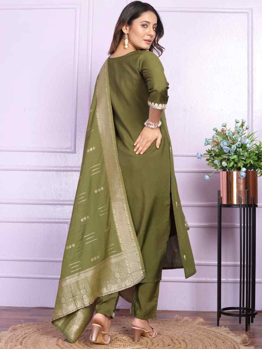 Mehendi Green Viscose Silk Embroidered Festival Mehendi Ready Pant Salwar Kameez