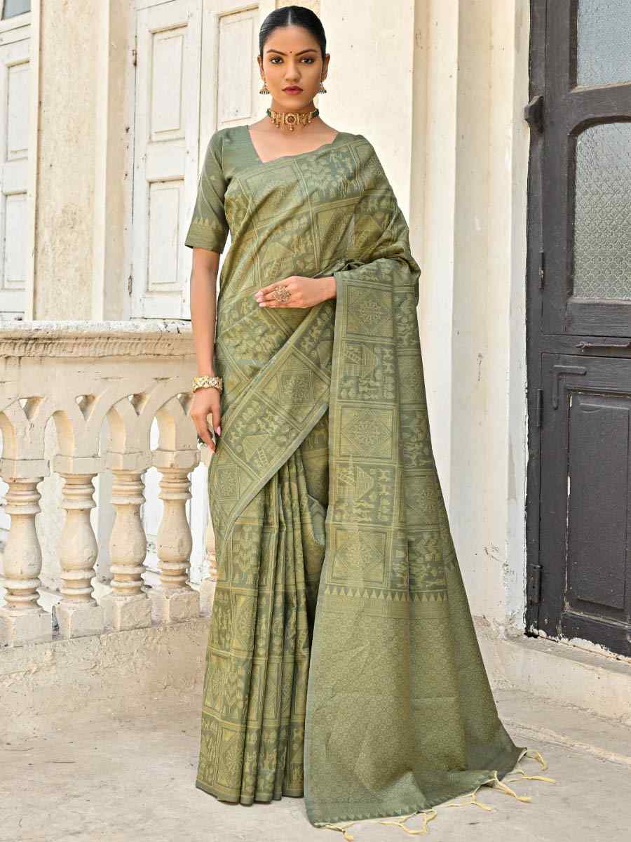 Mehendi Kanjivaram Silk Handwoven Festival Casual Heavy Border Saree