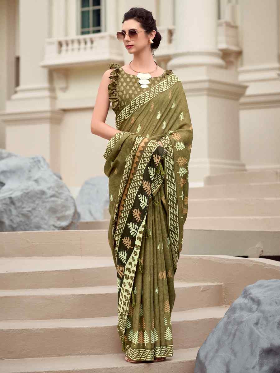 Mehendi Pure Mal Mal Silk Printed Festival Casual Contemporary Saree