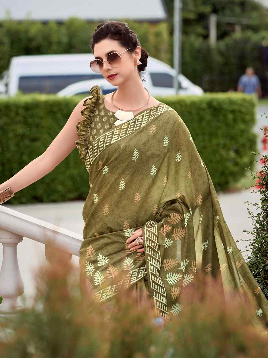 Mehendi Pure Mal Mal Silk Printed Festival Casual Contemporary Saree