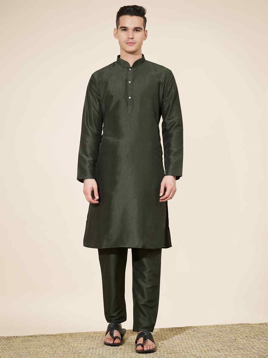 Mehendi Pure Silk Plain Festival Casual Kurta