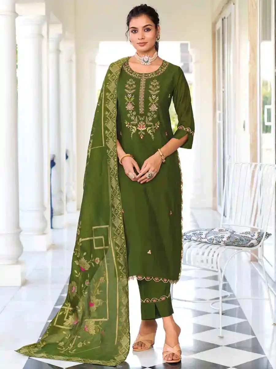 Mehendi Pure Viscose Embroidered Festival Casual Ready Pant Salwar Kameez