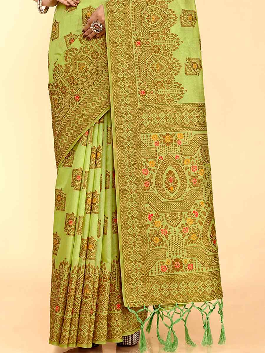 Mehendi Raw Silk Handwoven Wedding Festival Heavy Border Saree