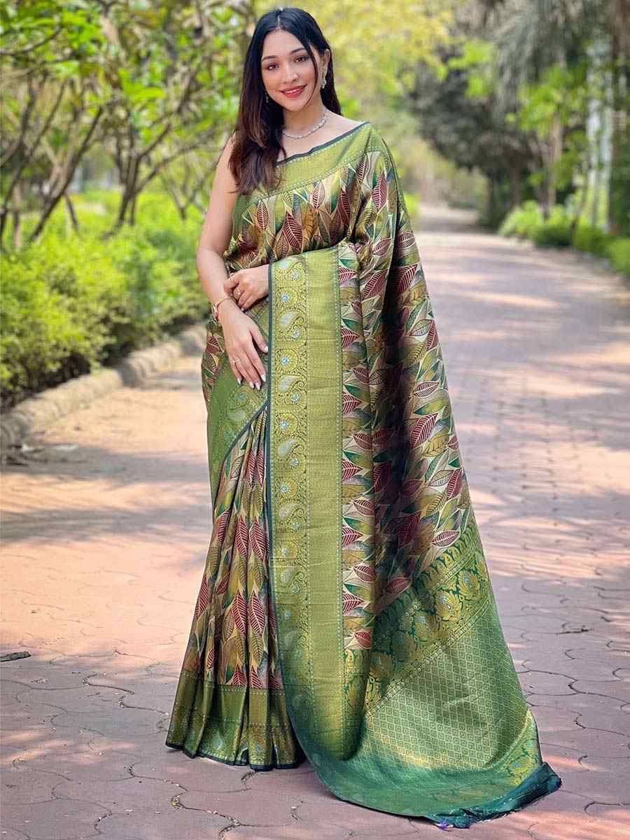 Mehendi Silk Handwoven Wedding Festival Heavy Border Saree