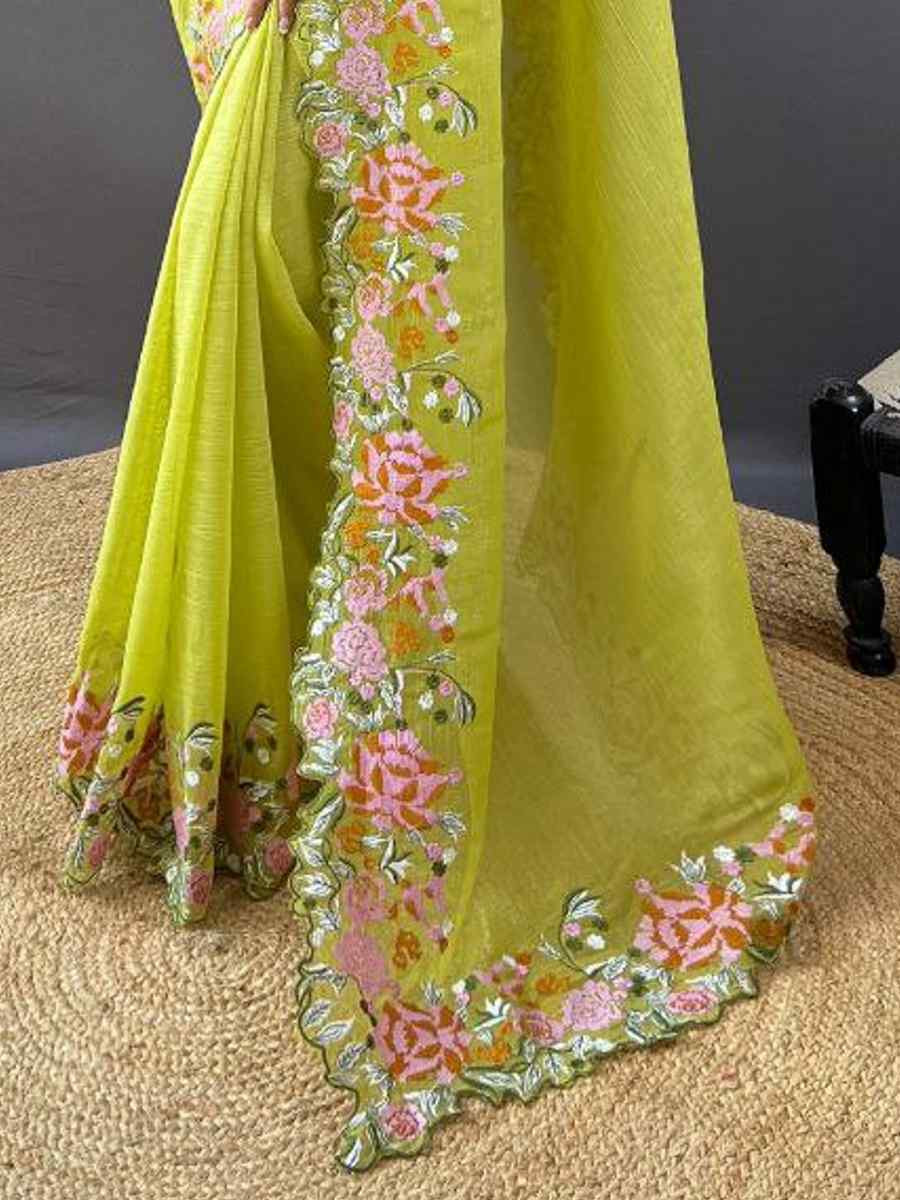 Mehendi Soft Glossy Silk Embroidered Reception Party Heavy Border Saree