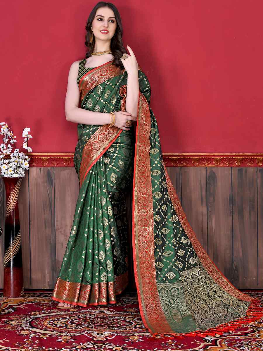 Mehendi Soft Katan Silk Handwoven Party Festival Heavy Border Saree