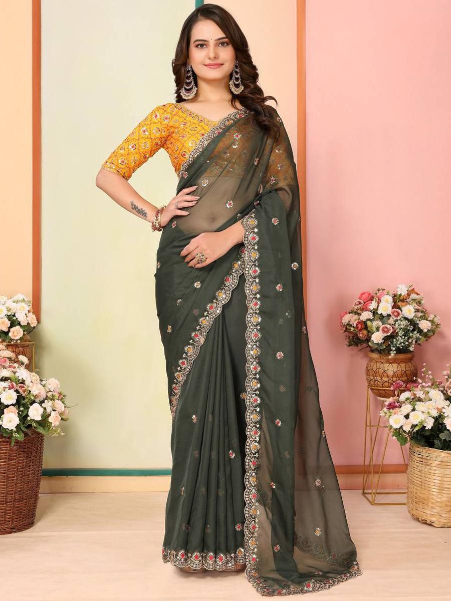 Mehendi Taby Organza Silk Embroidered Festival Party Heavy Border Saree