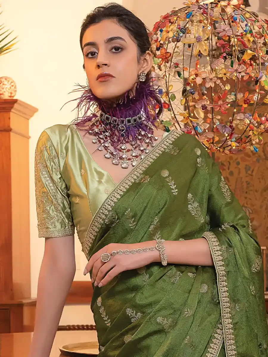 Mehendi Viscose Satin Silk Embroidered Reception Party Heavy Border Saree