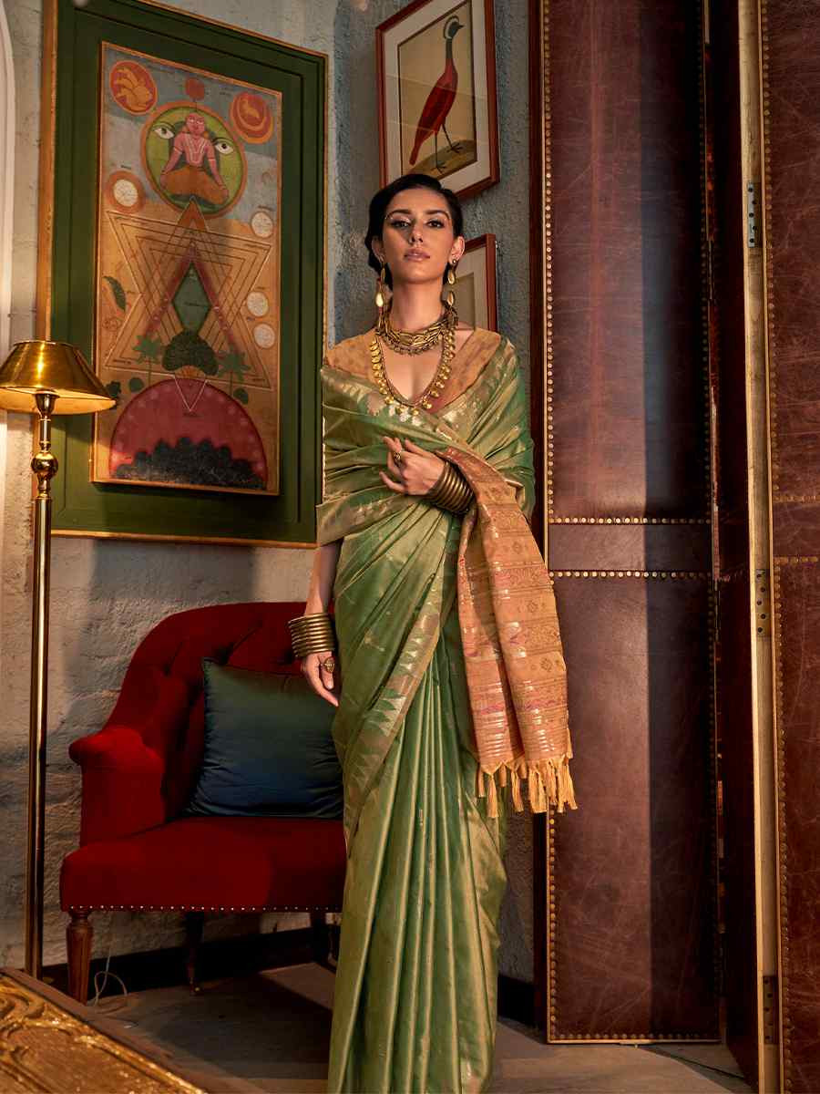 Mehndi Green Tissue Silk Handwoven Festival Wedding Heavy Border Saree