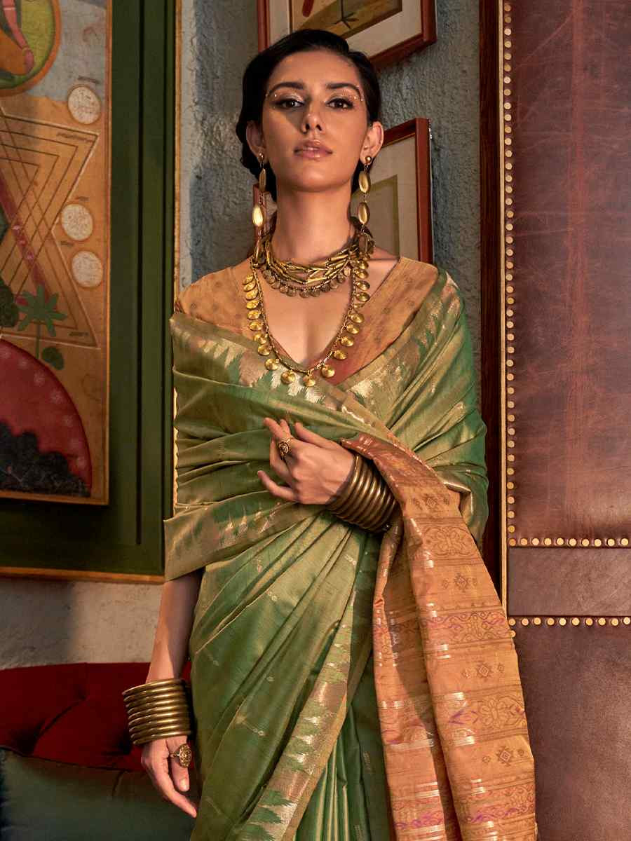 Mehndi Green Tissue Silk Handwoven Festival Wedding Heavy Border Saree