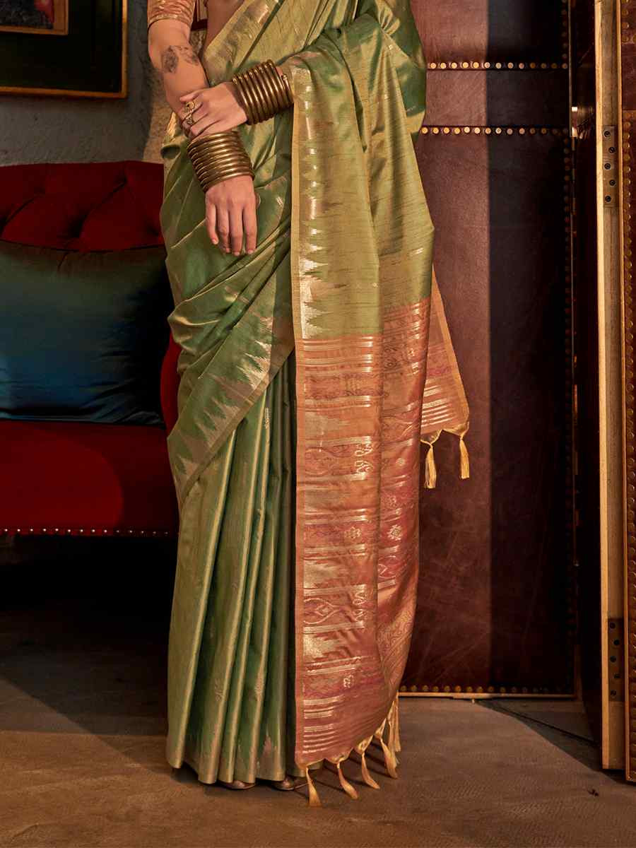 Mehndi Green Tissue Silk Handwoven Festival Wedding Heavy Border Saree