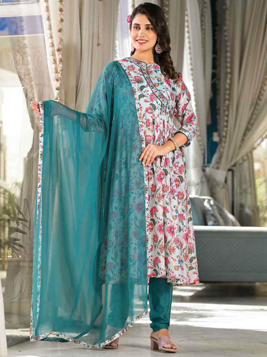 Mid Night Blue Rubi Silk Printed Festival Casual Ready Anarkali Salwar Kameez