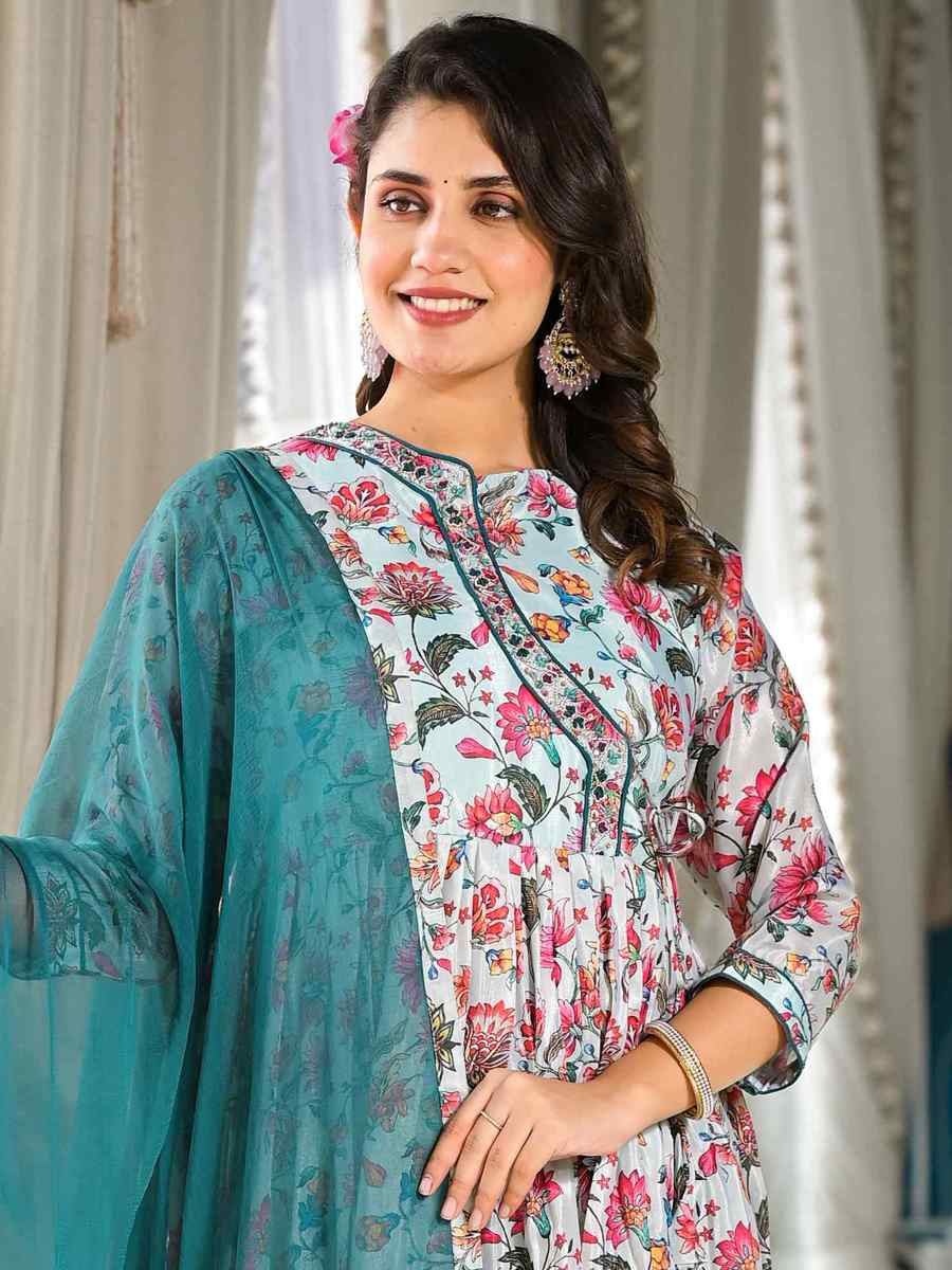 Mid Night Blue Rubi Silk Printed Festival Casual Ready Anarkali Salwar Kameez