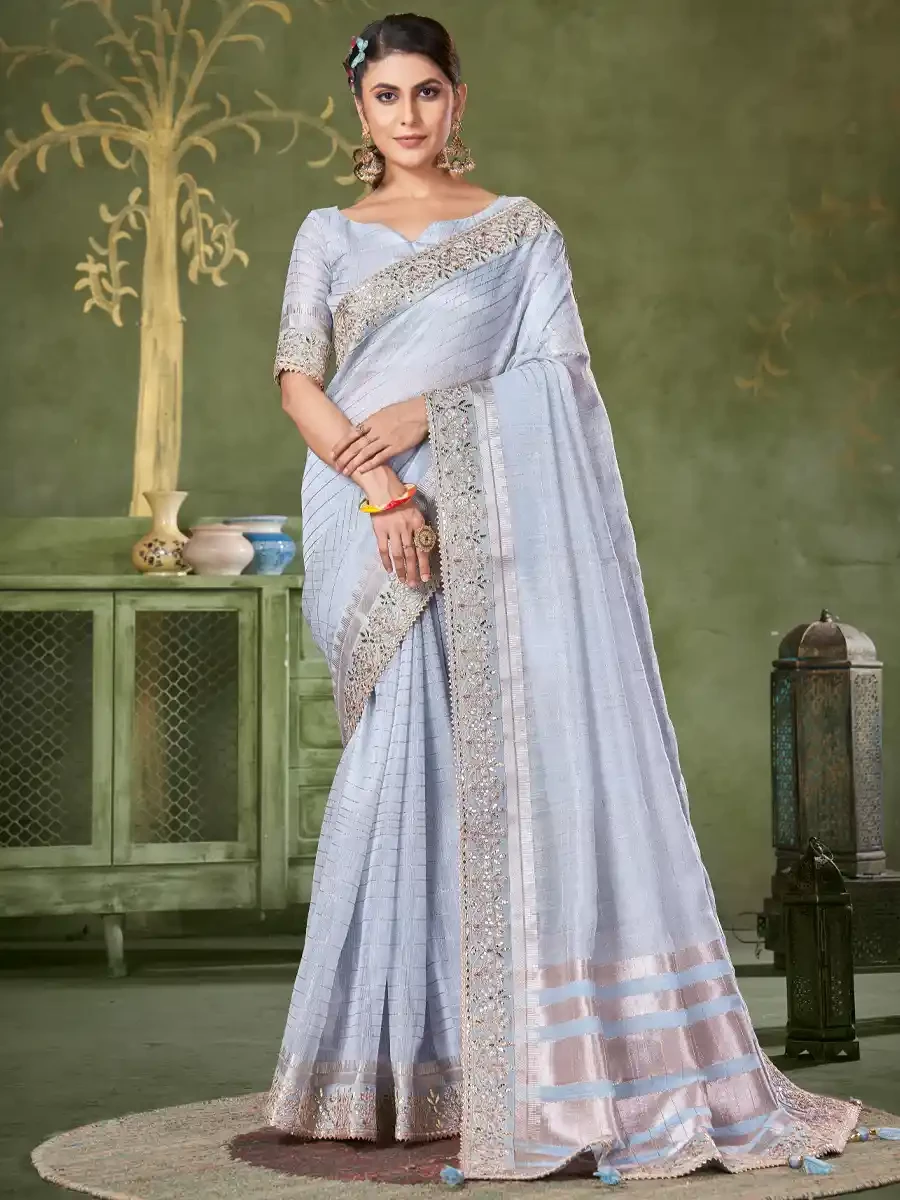 Mint Blue Banarasi Linen Embroidered Festival Party Heavy Border Saree