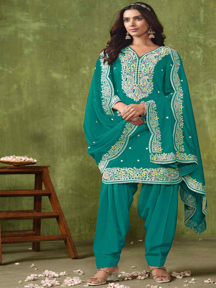 Mint Chanderi Roman Silk Embroidered Festival Wedding Patiala Salwar Kameez