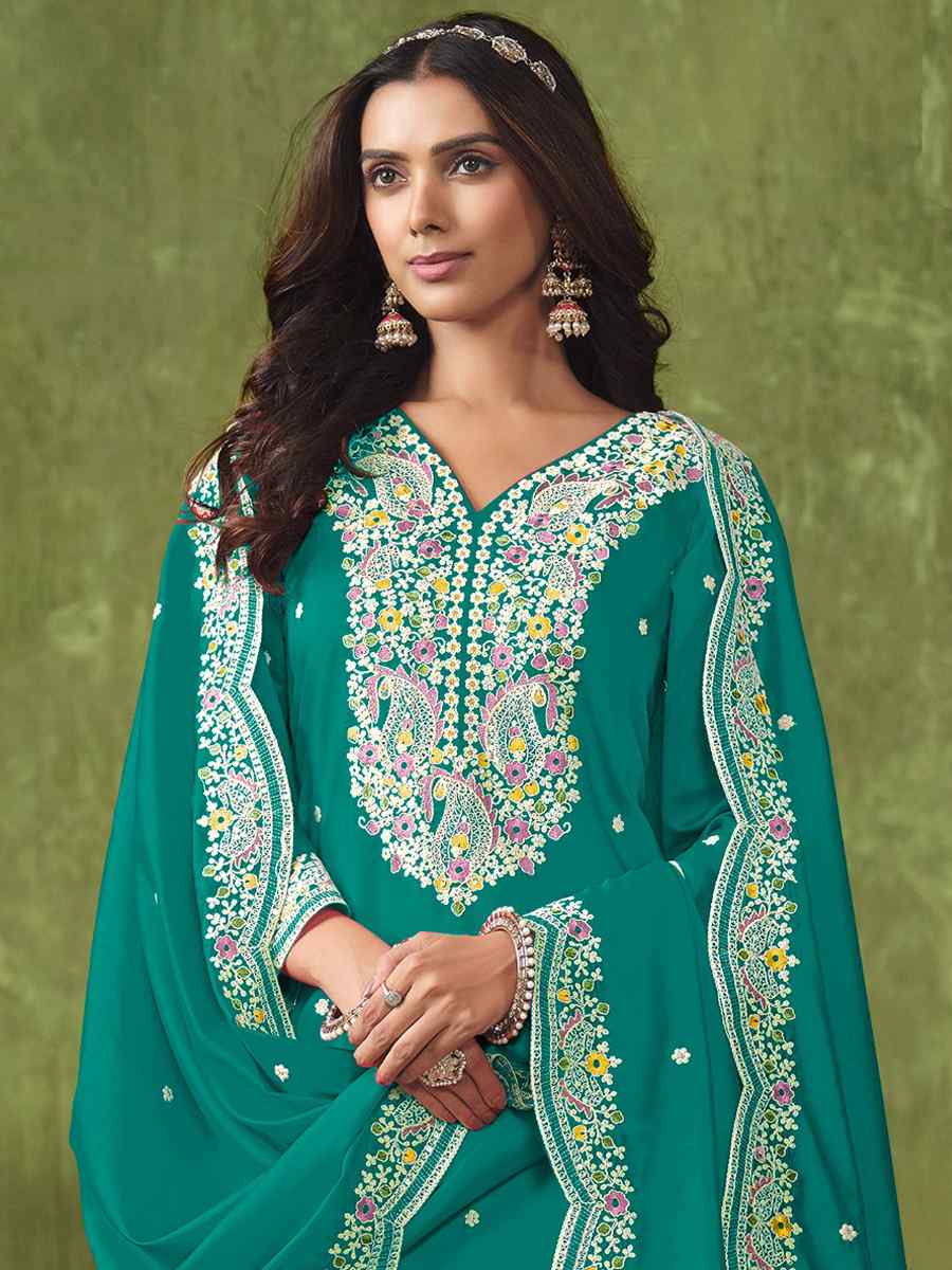 Mint Chanderi Roman Silk Embroidered Festival Wedding Patiala Salwar Kameez