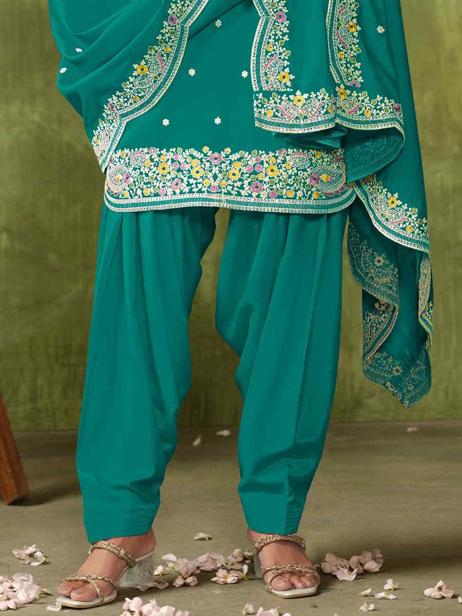 Mint Chanderi Roman Silk Embroidered Festival Wedding Patiala Salwar Kameez