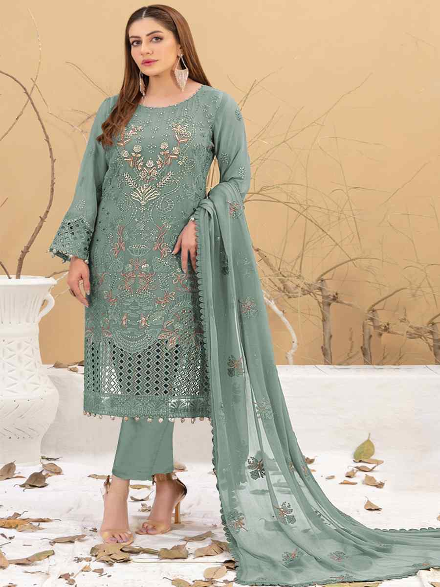 Mint Faux Georgette Embroidered Festival Casual Pant Salwar Kameez