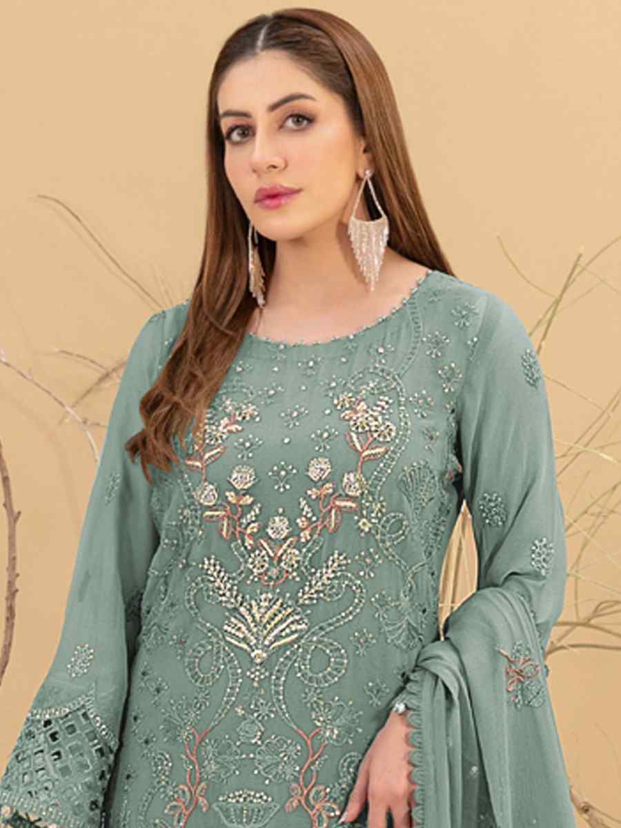 Mint Faux Georgette Embroidered Festival Casual Pant Salwar Kameez