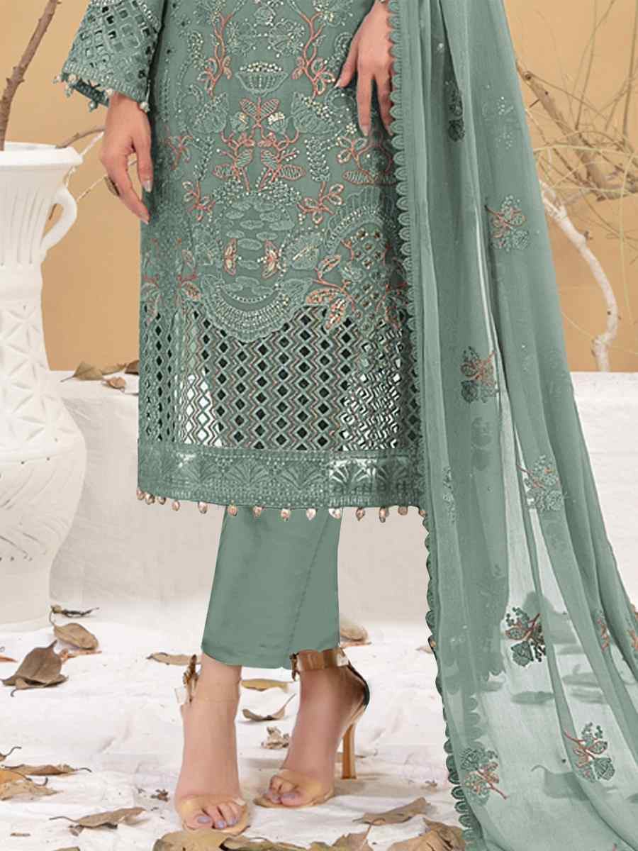 Mint Faux Georgette Embroidered Festival Casual Pant Salwar Kameez