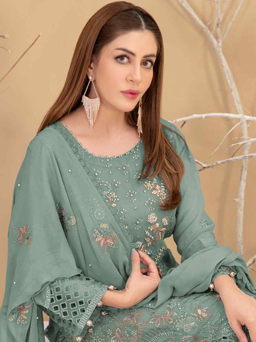 Mint Faux Georgette Embroidered Festival Casual Pant Salwar Kameez