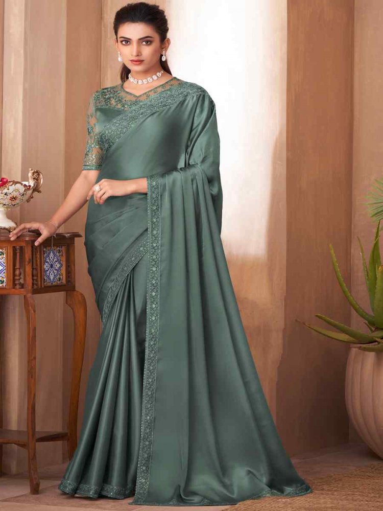 Mint Glass Silk Embroidered Party Reception Heavy Border Saree