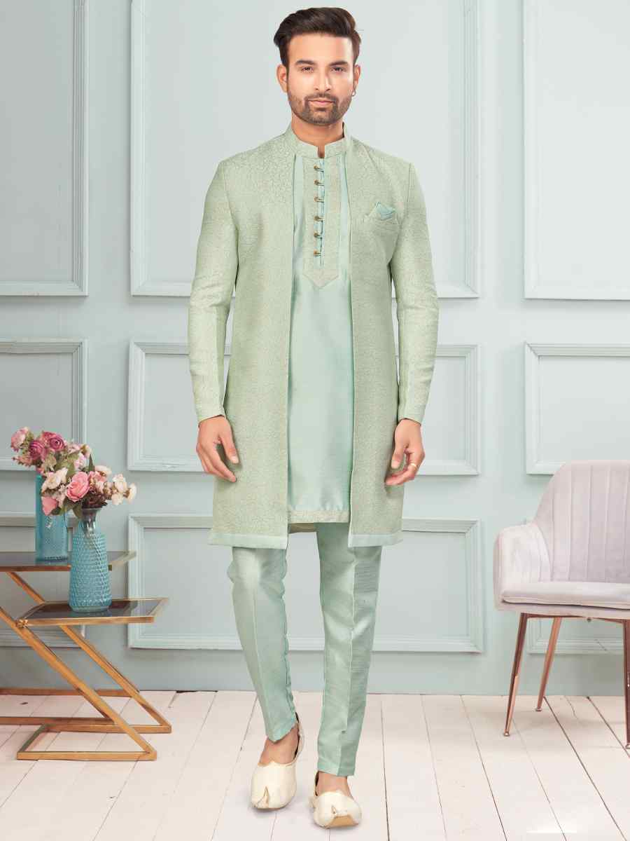 Mint Green Art Silk Embroidered Festival Wedding Kurta