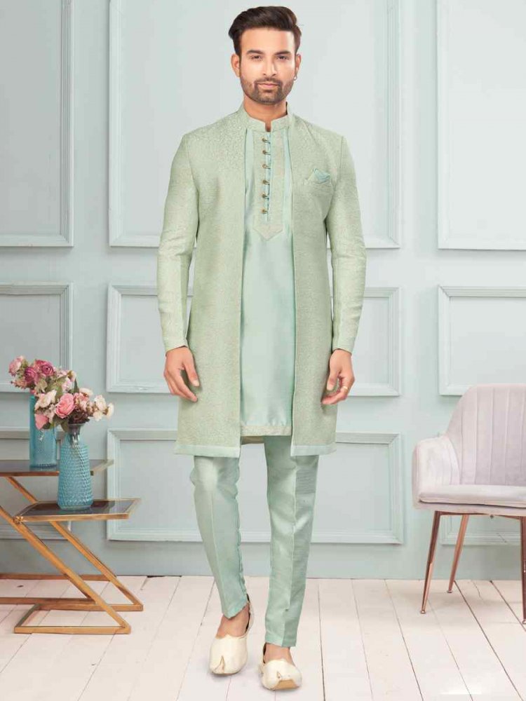 Mint Green Art Silk Embroidered Festival Wedding Kurta