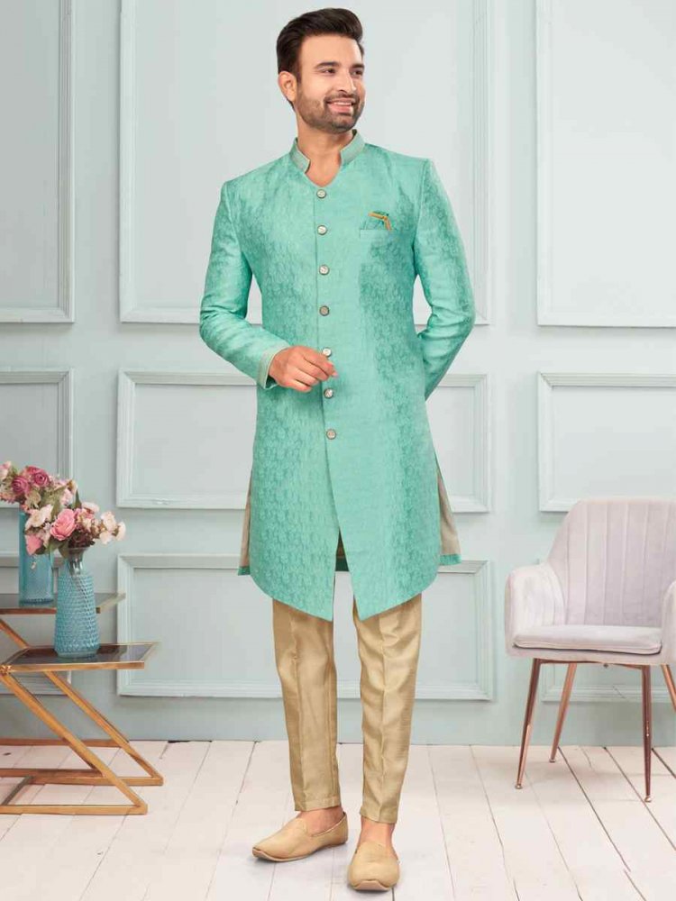 Mint Green Art Silk Embroidered Festival Wedding Kurta