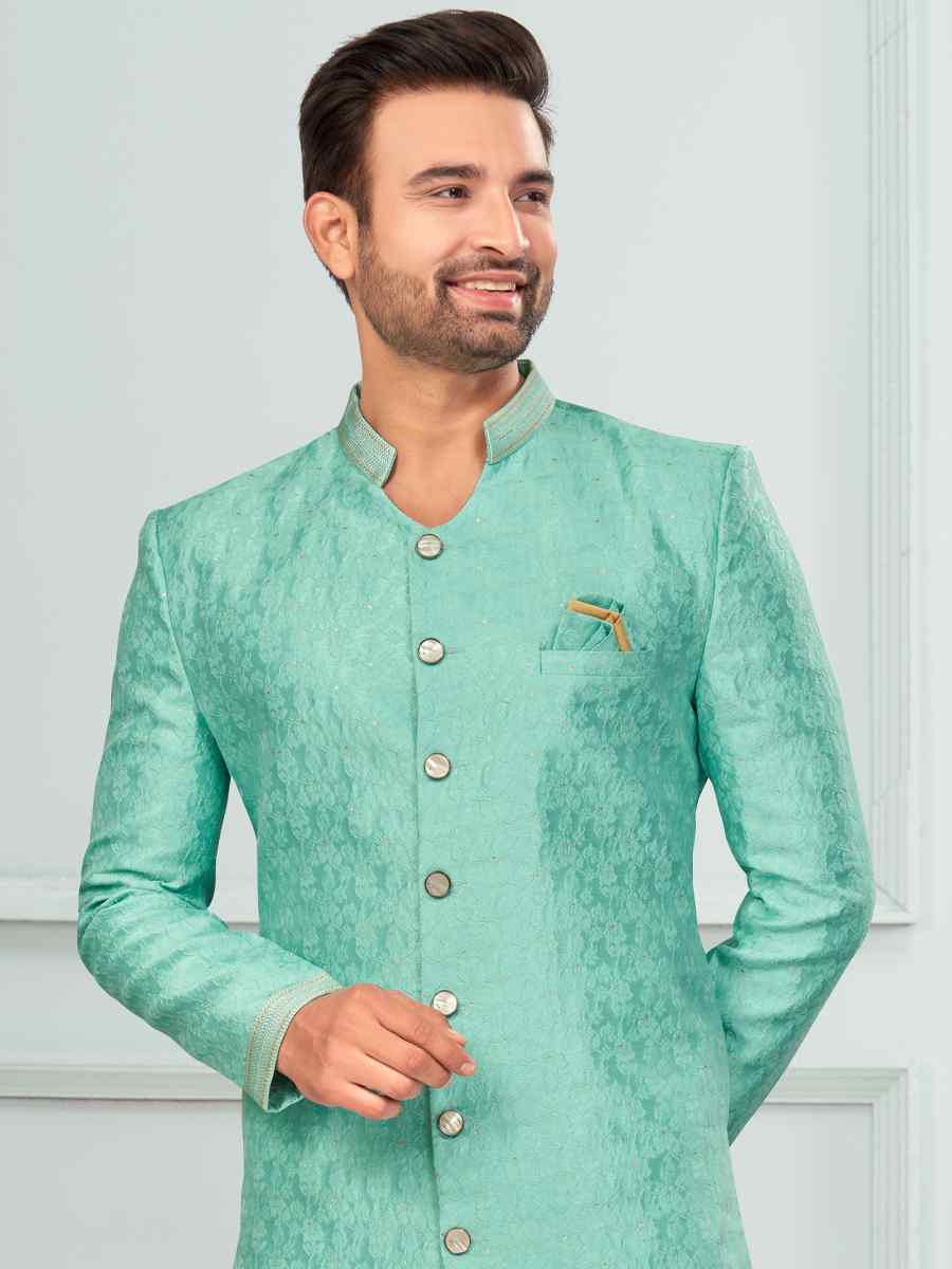 Mint Green Art Silk Embroidered Festival Wedding Kurta