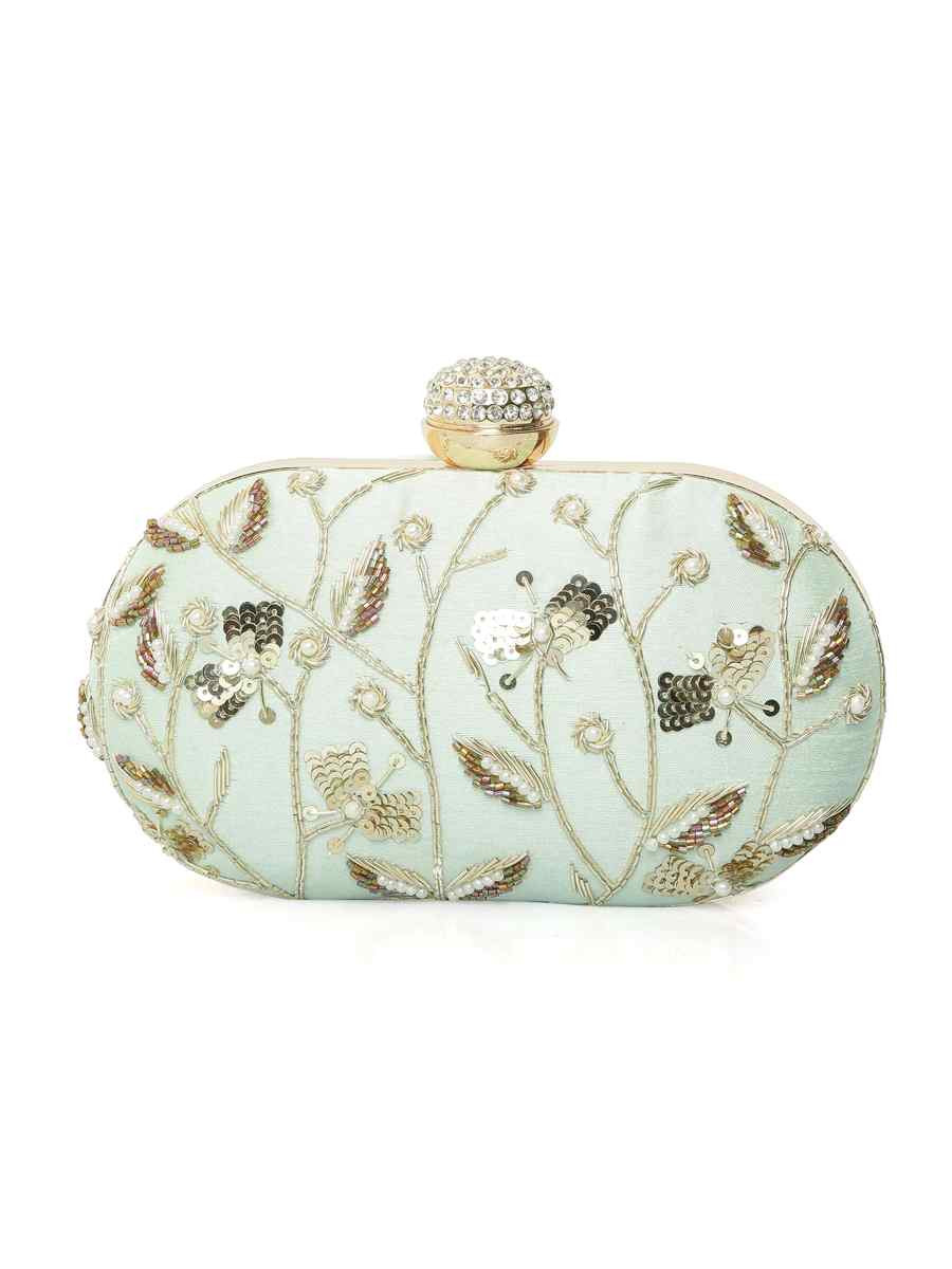 Mint Green Art Silk Party Wear Embroidered Clutches