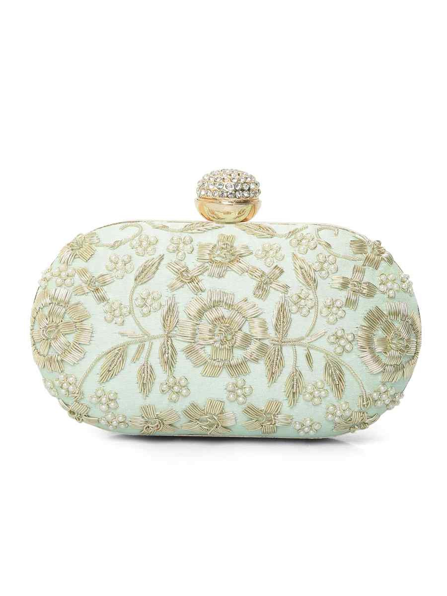 Mint Green Art Silk Party Wear Embroidered Clutches