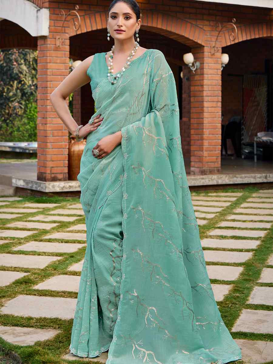 Mint Green Crunchy Silk Embroidered Bridesmaid Reception Heavy Border Saree