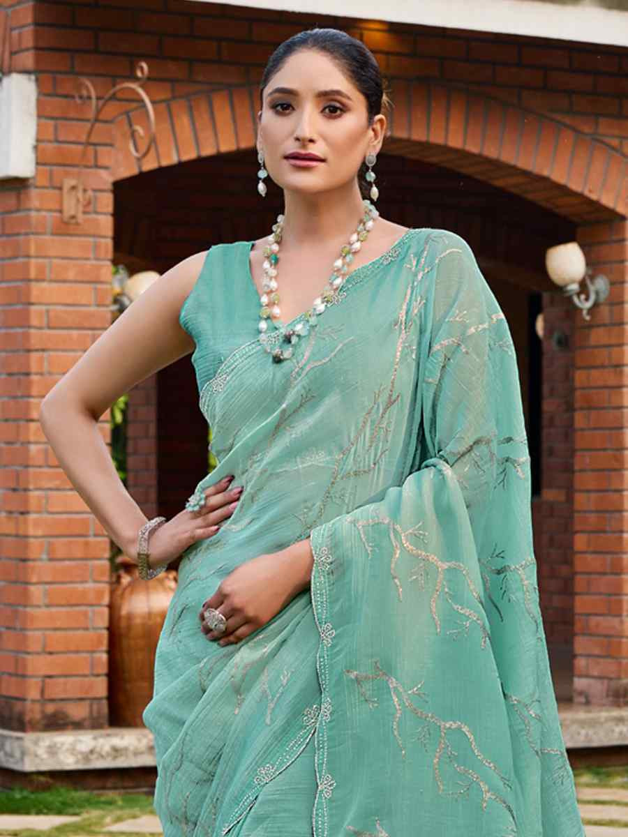 Mint Green Crunchy Silk Embroidered Bridesmaid Reception Heavy Border Saree