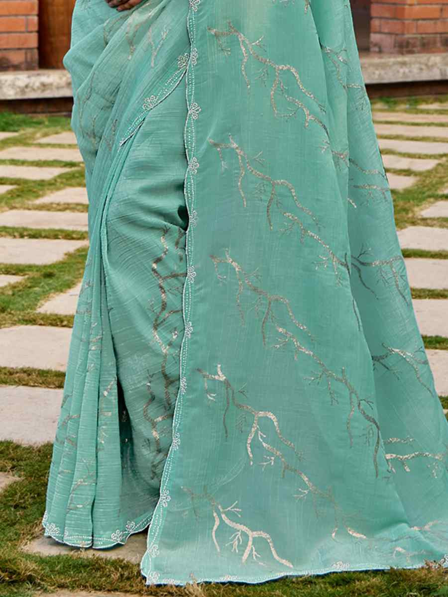 Mint Green Crunchy Silk Embroidered Bridesmaid Reception Heavy Border Saree