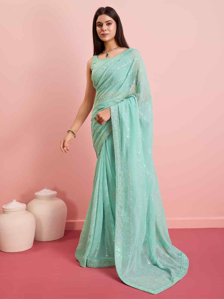 Mint Green Georgette Embroidered Festival Party Classic Style Saree