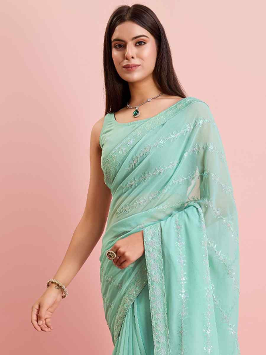 Mint Green Georgette Embroidered Festival Party Classic Style Saree