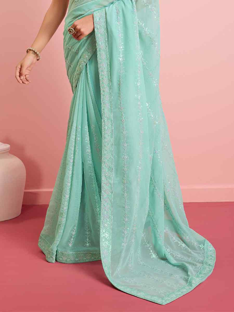 Mint Green Georgette Embroidered Festival Party Classic Style Saree