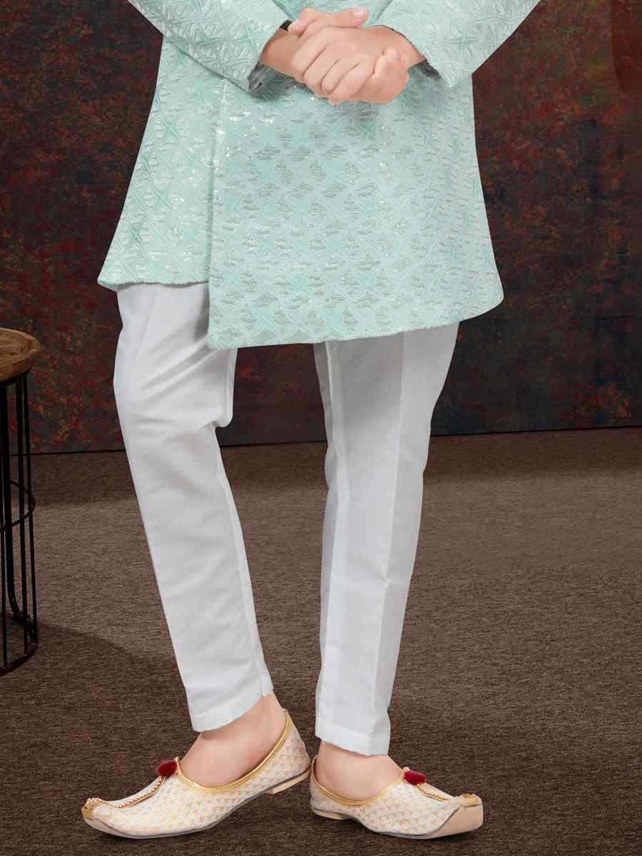 Mint Green Jacquard Embroidered Festival Wedding Kurta Pyjama Boys Wear