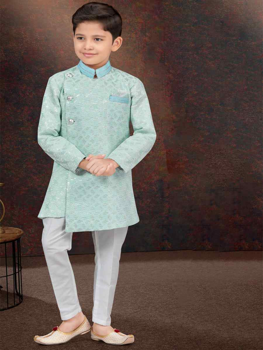 Mint Green Jacquard Embroidered Festival Wedding Kurta Pyjama Boys Wear