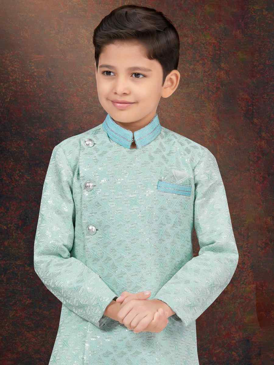 Mint Green Jacquard Embroidered Festival Wedding Kurta Pyjama Boys Wear