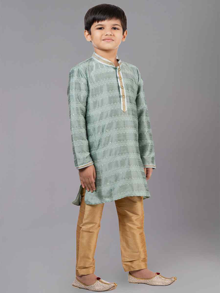 Mint Green Polyester Cotton  Embroidered Festival Traditional Kurta Pyjama Boys Wear