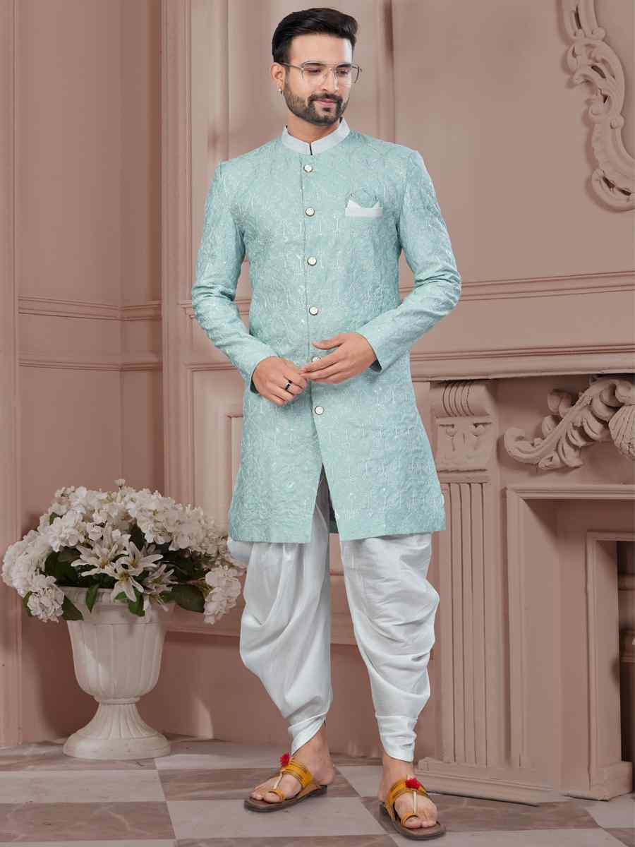 Mint Green Silk Dupion Embroidered Festival Wedding Sherwani