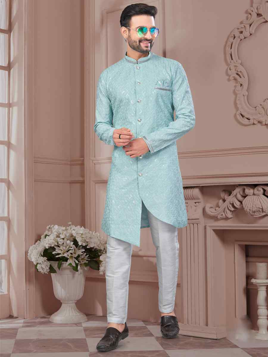 Mint Green Silk Dupion Embroidered Festival Wedding Sherwani