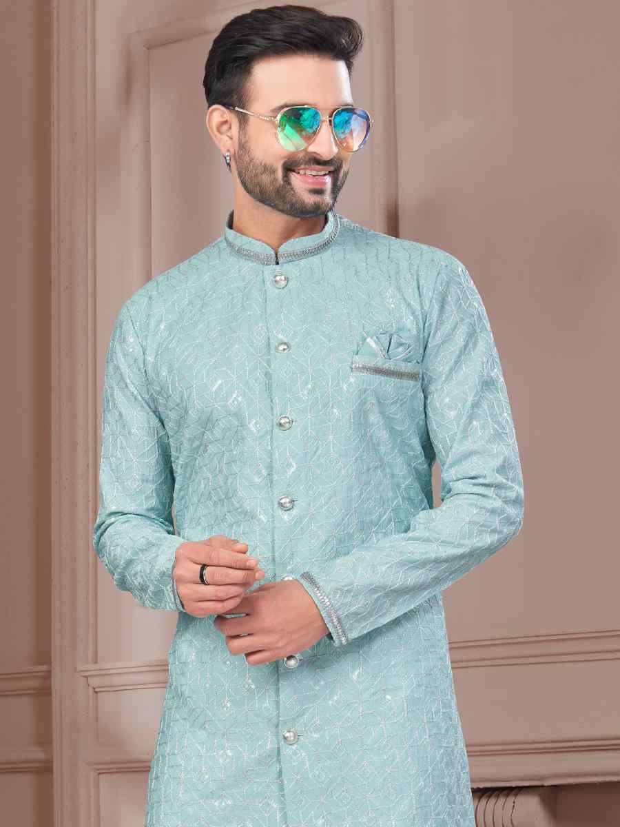 Mint Green Silk Dupion Embroidered Festival Wedding Sherwani